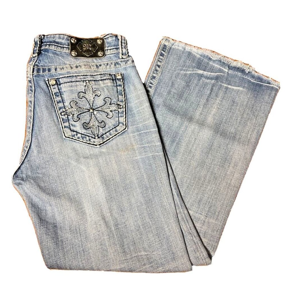Miss Me Womens Straight Leg Jeans Blue Thick Stitch Rhinestone Cross Denim 30